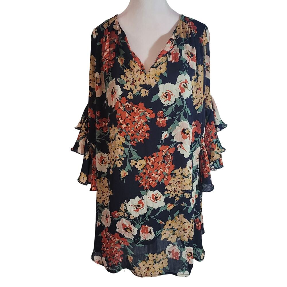 Umgee Size M Black Floral Fashion Mini‎ Dress Flutter Bell Sleeves Boho Feminine